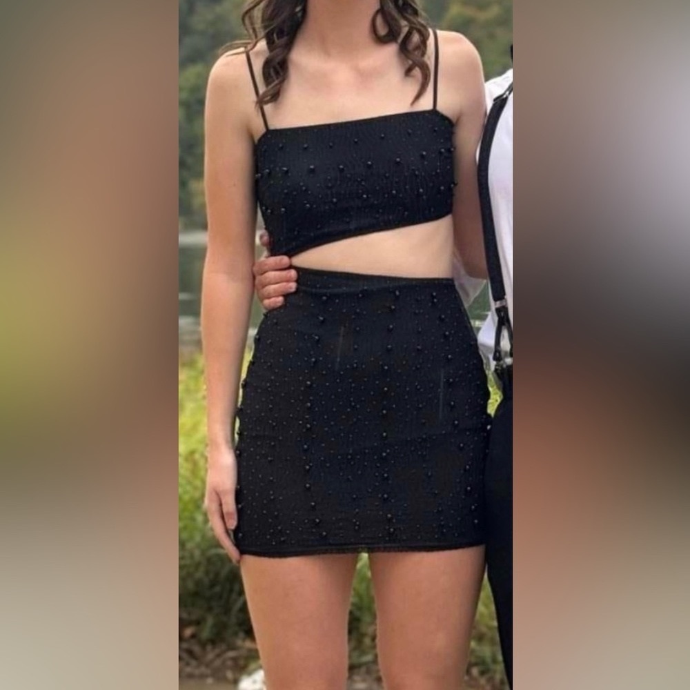Black beaded short mini dress cutout stomach EUC